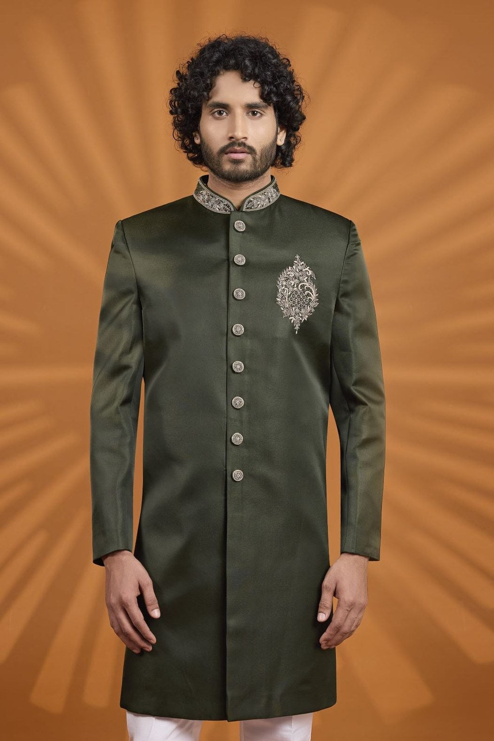 Olive Green Art Silk Kurta Pajama Style Indian Wedding Outfit Man - close-up view