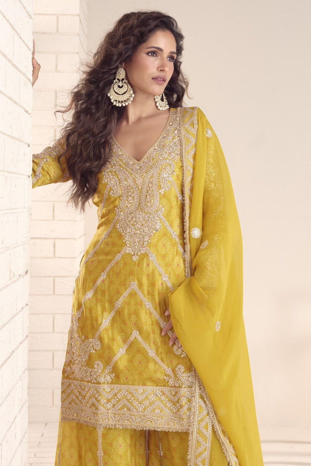 Yellow Chinon Silk Kameez With Palazzo Suit For Indian & Pakistani Wedding Festival - Print Work, Thread & Sequence Embroidery - close-up view