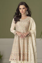 Cream Georgette Kameez With Palazzo For Indian & Pakistani Wedding Festival - Thread & Sequins Embroidery Work, Swarovski Work - close-up view