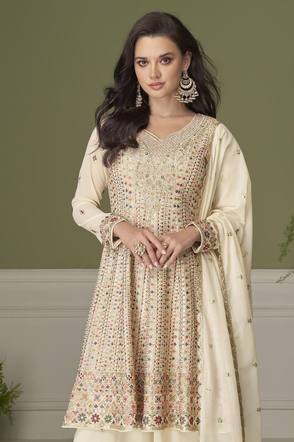 Cream Georgette Kameez With Palazzo For Indian & Pakistani Wedding Festival - Thread & Sequins Embroidery Work, Swarovski Work - close-up view