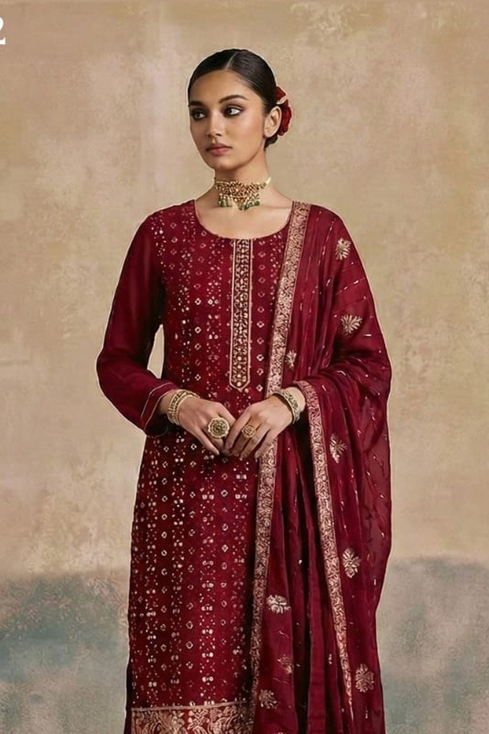Maroon Georgette Kameez With Pant For Indian & Pakistani Wedding Festival - Thread & Sequins Embroidery Work, Khatli Work - close-up view