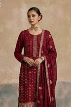 Maroon Georgette Kameez With Pant For Indian & Pakistani Wedding Festival - Thread & Sequins Embroidery Work, Khatli Work - close-up view