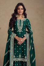 Green Chinon Silk Plazo Suit For Indian Weddings & Pakistani Festival - Embroidery Work - close-up view