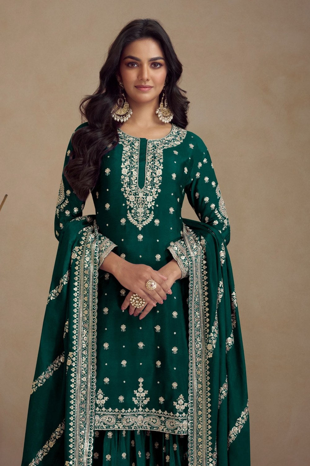 Green Chinon Silk Plazo Suit For Indian Weddings & Pakistani Festival - Embroidery Work - close-up view