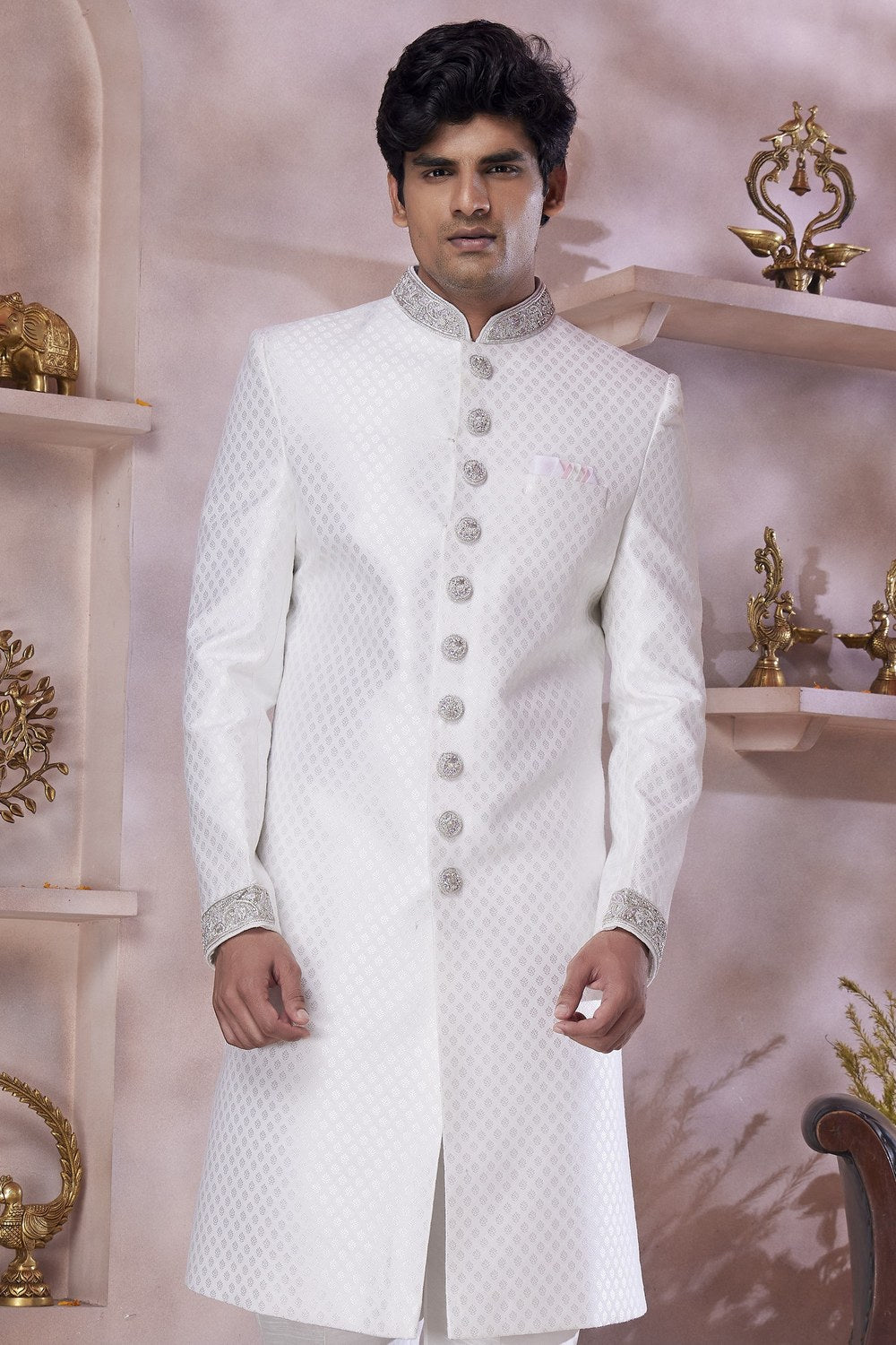 White Banarasi Silk Indo Western Traditional Sherwani Long Kurta & Pant Suit for Men for Wedding - Jacquard Work, Embroidery Work - close-up view