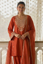 Rust Orange Cotton Silk Embroidery Work Loose Fit A Line Kurta Set for Women - close-up view