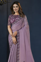 Purple Crepe Satin Silk Saree With Stitched Blouse For Indian & Pakistani Wedding Festival - Sequence Embroidery Work, Stone Work - close-up view