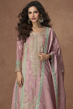 Dusty Pink Simmer Silk Kameez with Pant For Indian Festivals & Weddings - Embroidery Work - close-up view
