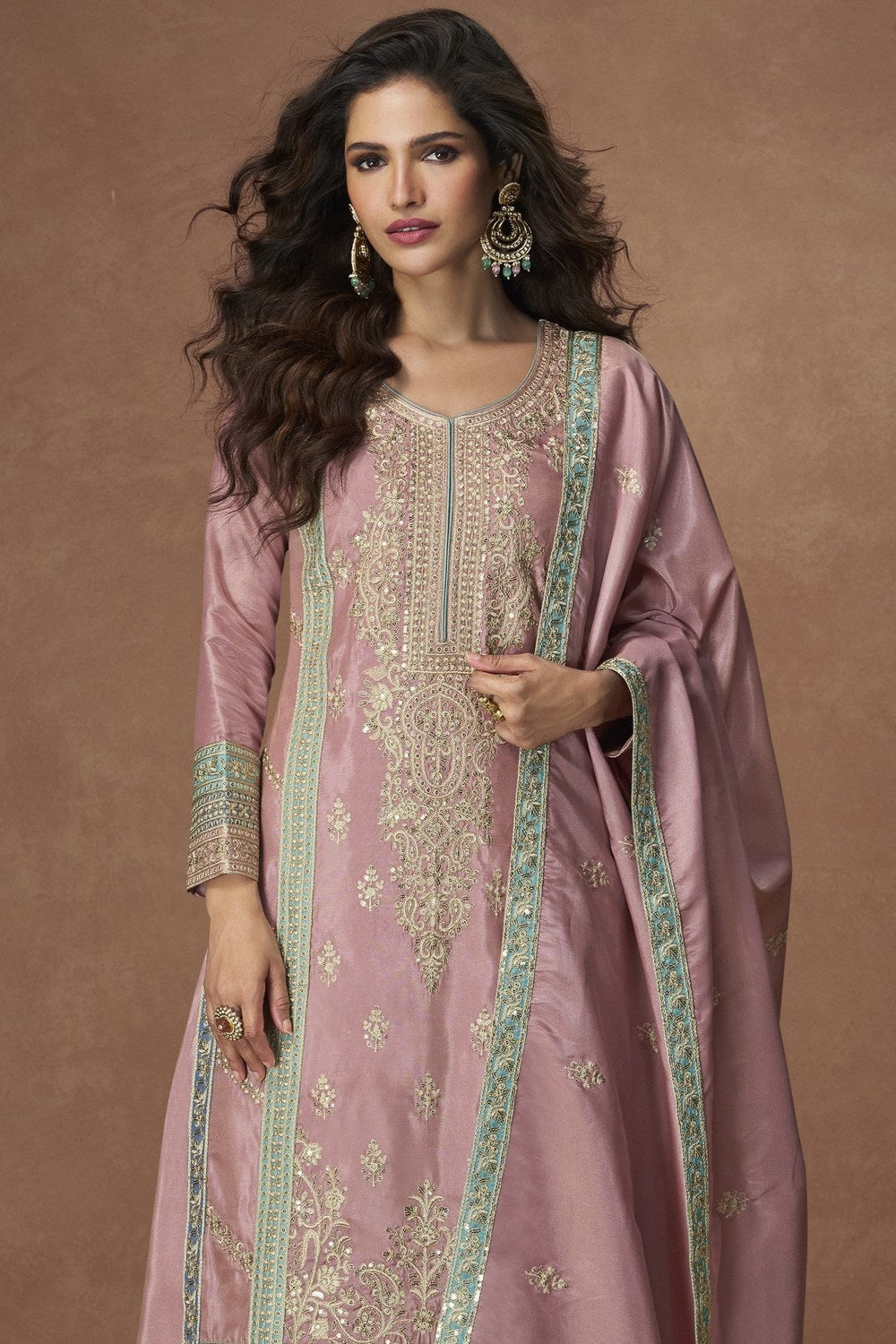 Dusty Pink Simmer Silk Kameez with Pant For Indian Festivals & Weddings - Embroidery Work - close-up view