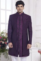 Dark Purple Jacquard Silk Indo Western Traditional Sherwani Kurta with Jacket & Pant for Men for Wedding - Embroidery Work - close-up view