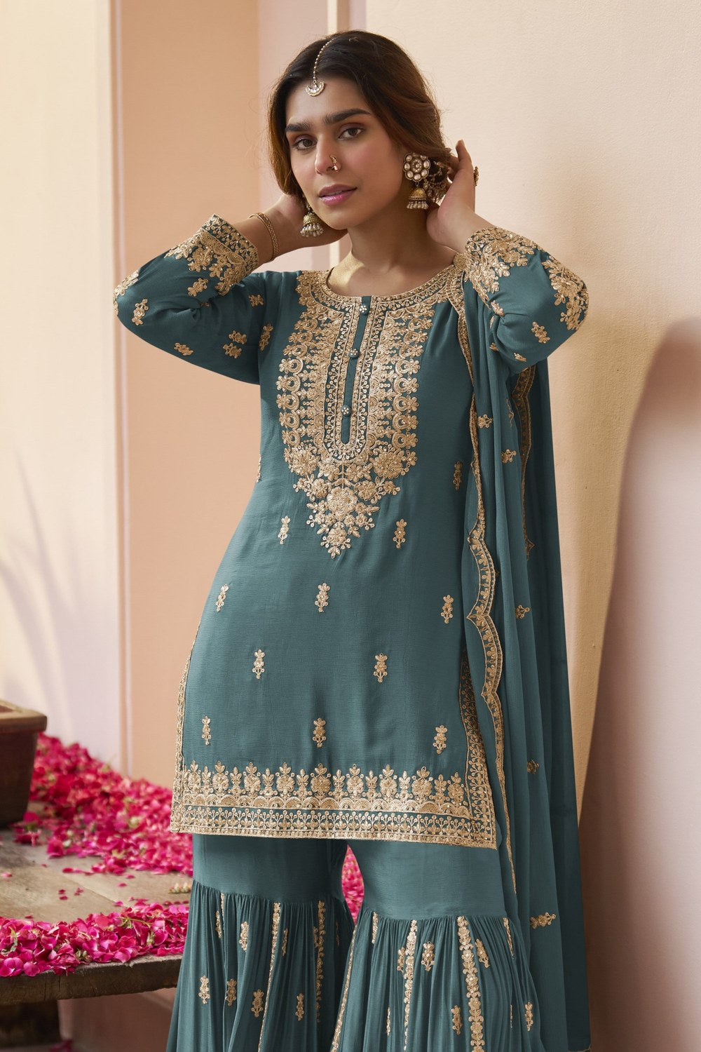 Teal Pakistani Sharara Suits for Wedding in Chinon Silk - Sequins Dori Work - close-up view