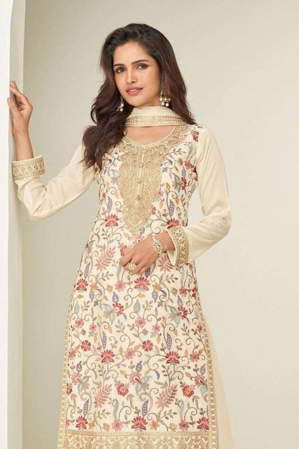 Cream Chinon Silk Plazo Suit For Indian & Pakistani Wedding Festival - Embroidery Work - close-up view
