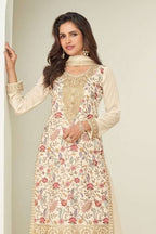 Cream Chinon Silk Plazo Suit For Indian & Pakistani Wedding Festival - Embroidery Work - close-up view