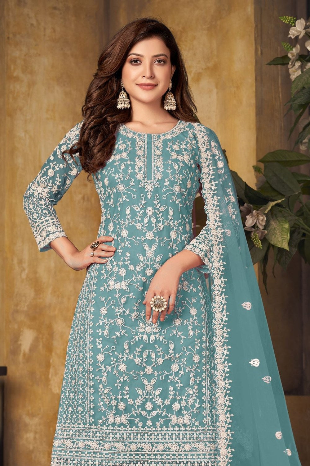 Firozi Net Plazo with Thread Embroidery Sangeet Outfits for Women - close-up view