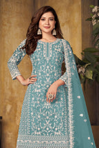 Firozi Net Plazo with Thread Embroidery Sangeet Outfits for Women - close-up view