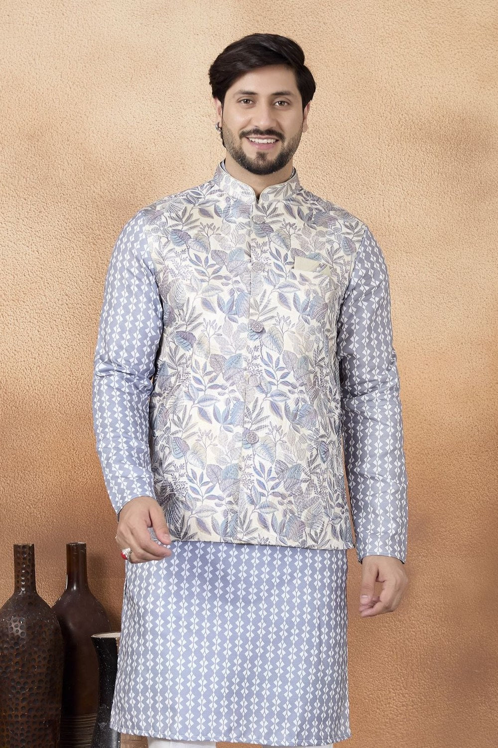 Light Blue Kurta Pajama & Waistcoat Set - Traditional Indian Outfit for Men - close-up view