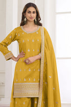 Mustard Yellow Haldi Outfit Palazzo Suit in Simmer Silk & Embroidery Work - close-up view