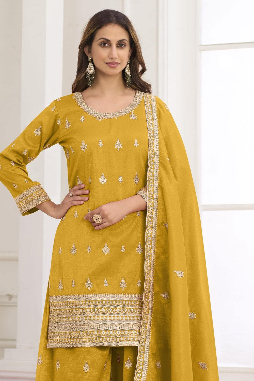 Mustard Yellow Haldi Outfit Palazzo Suit in Simmer Silk & Embroidery Work - close-up view