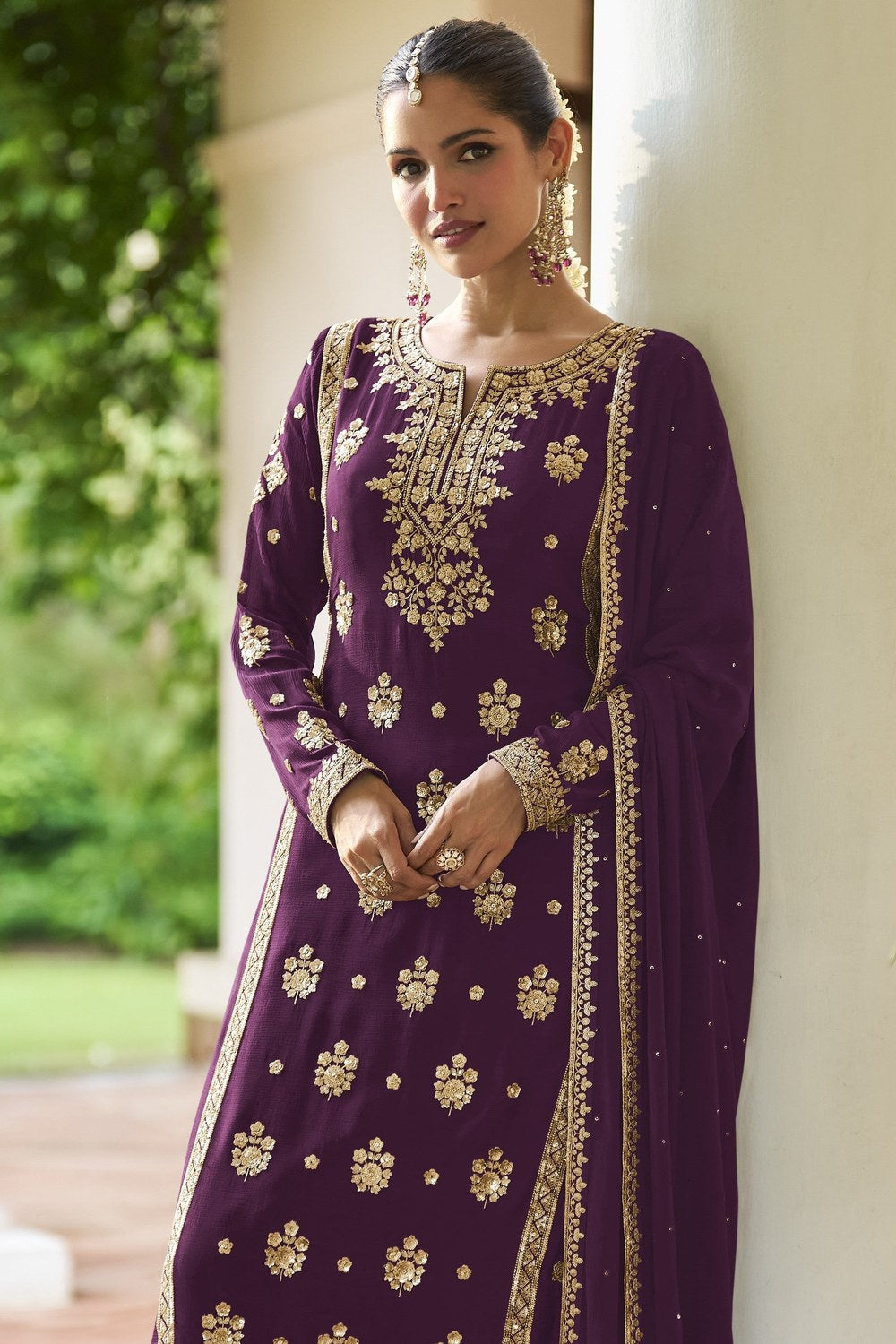 Plum Straight Cut Pakistani Suit in Chinon Silk Palazzo Suit with Sequins & Thread Embroidery - close-up view