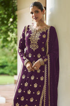 Plum Straight Cut Pakistani Suit in Chinon Silk Palazzo Suit with Sequins & Thread Embroidery - close-up view