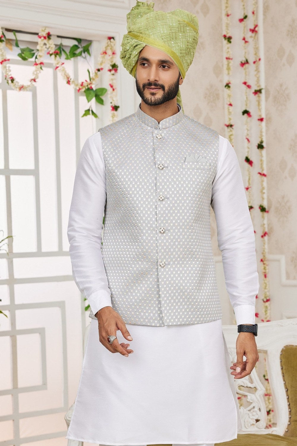 White Art Silk Kurta Pajama with Waistcoat Jacket for Men for Festivals & Wedding - Embroidery Work - close-up view