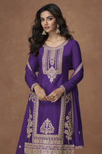 Purple Chinon Silk Plazo Suit For Indian & Pakistani Wedding Festival - Embroidery Work - close-up view