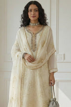 Cream Georgette Kameez With Pant For Indian & Pakistani Wedding Festival - Sequins & Thread Embroidery Work, Khatli Work - close-up view