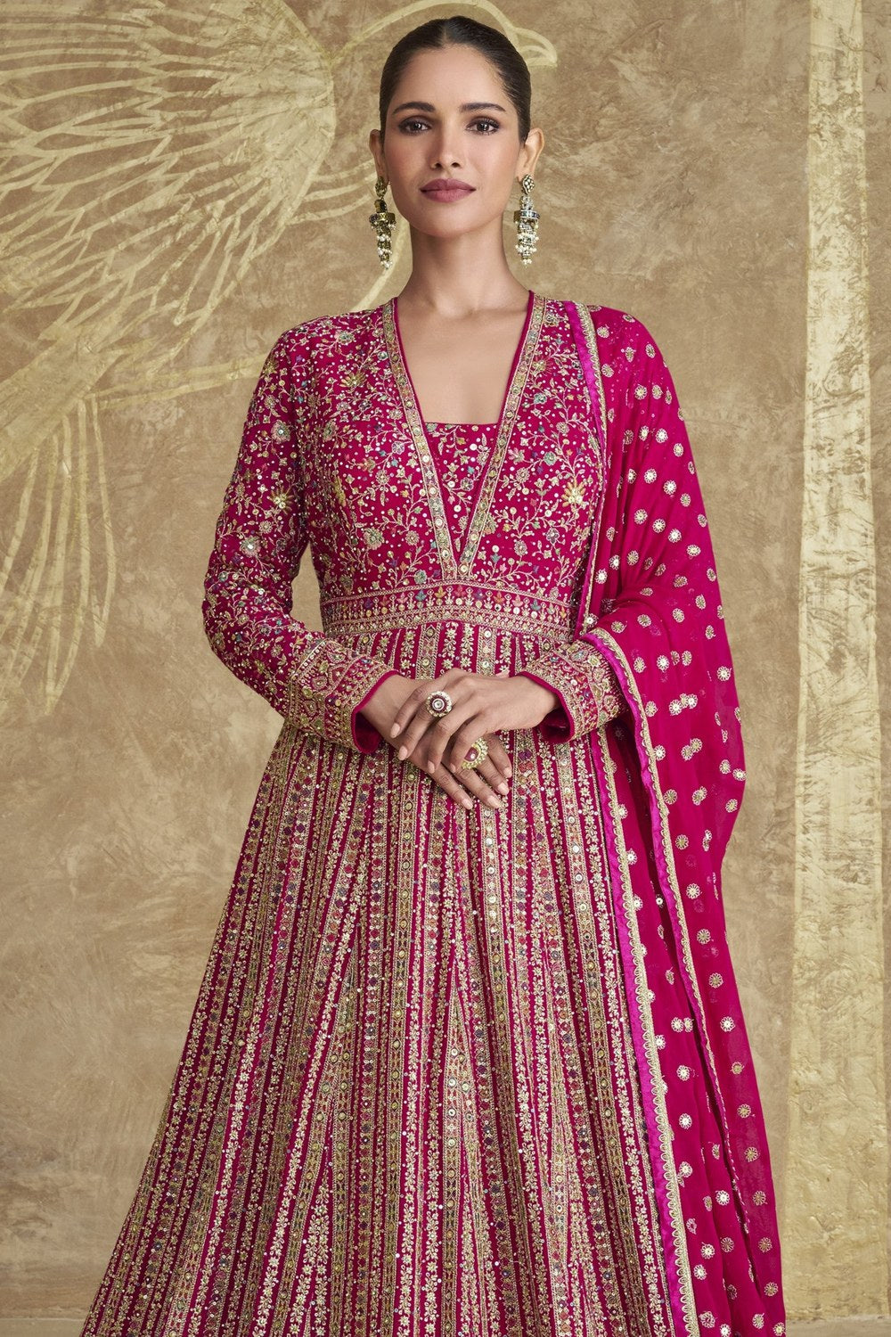 Pink Georgette India Wedding Gowns Party Anarkali Suit Dress - Embroidery Work - close-up view