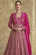 Pink Georgette India Wedding Gowns Party Anarkali Suit Dress - Embroidery Work - close-up view