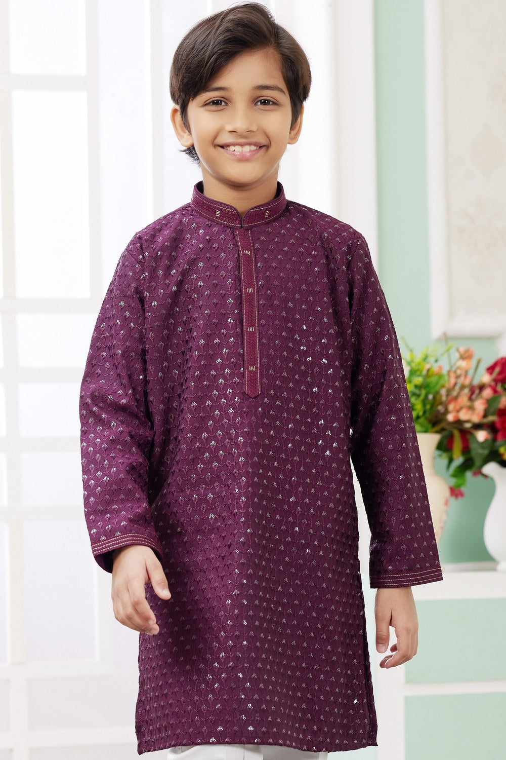Maroon Art Silk 2 Piece Kids Wear Boys Suit Long Kurta Pajama for Kids for Festivals & Wedding - Embroidery Work - close-up view