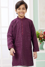 Maroon Art Silk 2 Piece Kids Wear Boys Suit Long Kurta Pajama for Kids for Festivals & Wedding - Embroidery Work - close-up view