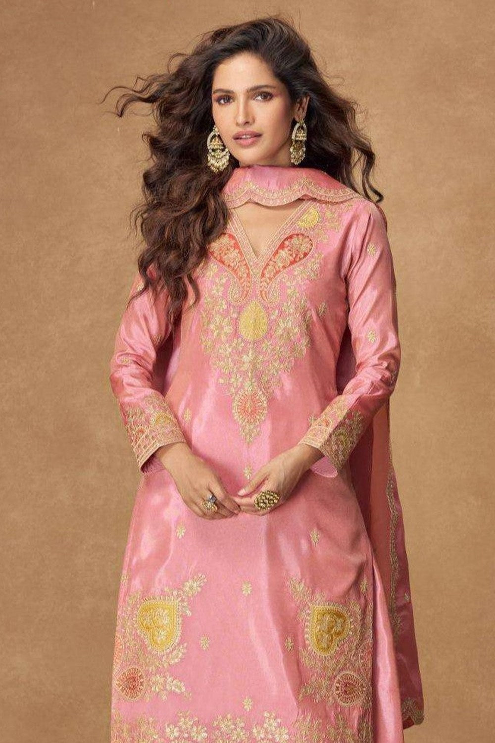 Pink Indian Palazzo Suits Online in Simmer Silk with Thread & Sequins - close-up view