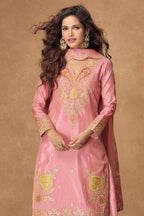Pink Indian Palazzo Suits Online in Simmer Silk with Thread & Sequins - close-up view