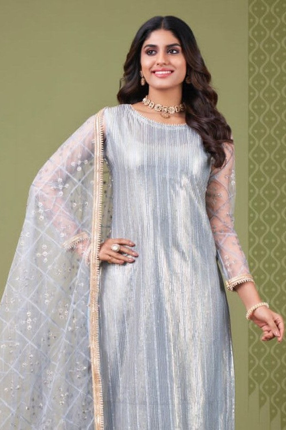 Sky Blue Net Kameez with Pant Indian Attire for Women - close-up view