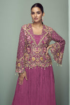 Pink Chinon Silk Kameez With Skirt For Indian & Pakistani Wedding Festival - Thread Embroidery Work, Real Mirror Work, Dori Work - close-up view