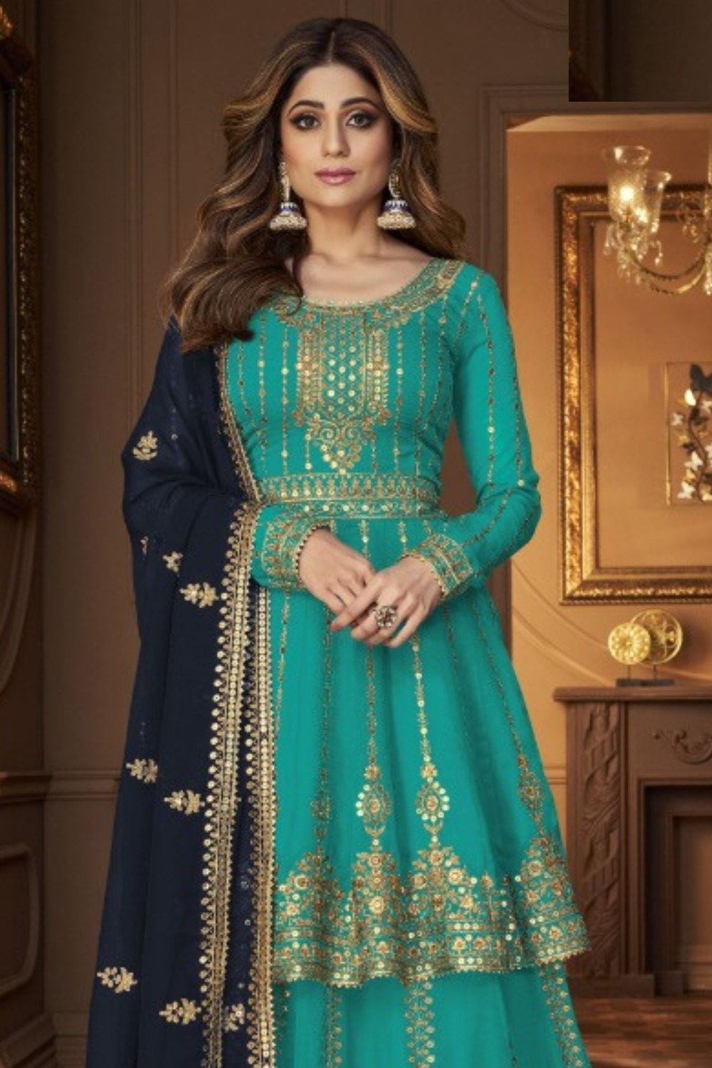 Light Blue Georgette Kameez with Skirt Suit For Indian Wedding & Festival - Sequence Embroidery Work - close-up view