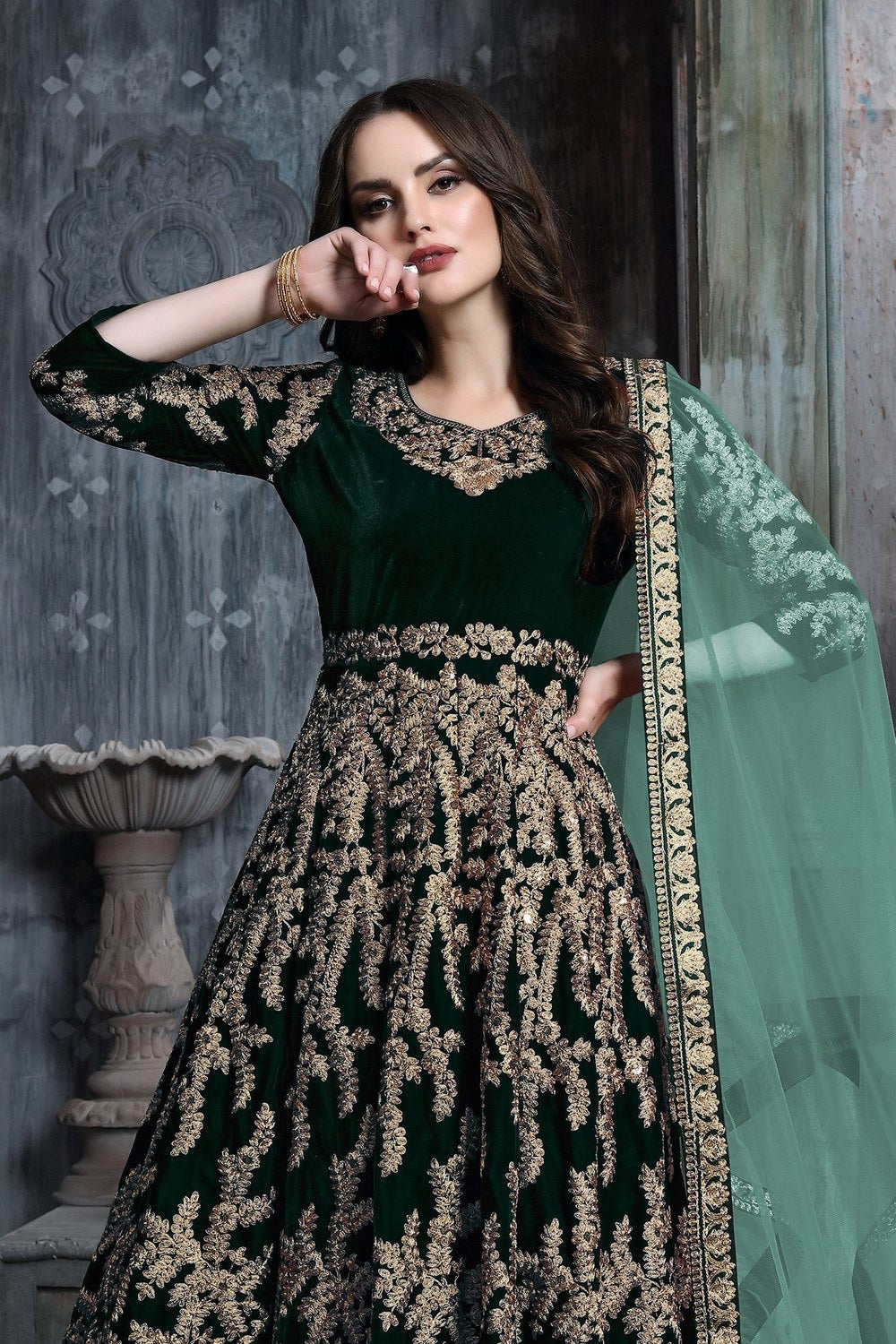 Dark Green Embroidered Velvet Suit Women Anarkali - close-up view