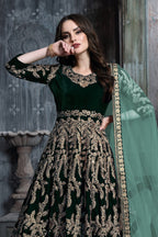 Dark Green Embroidered Velvet Suit Women Anarkali - close-up view