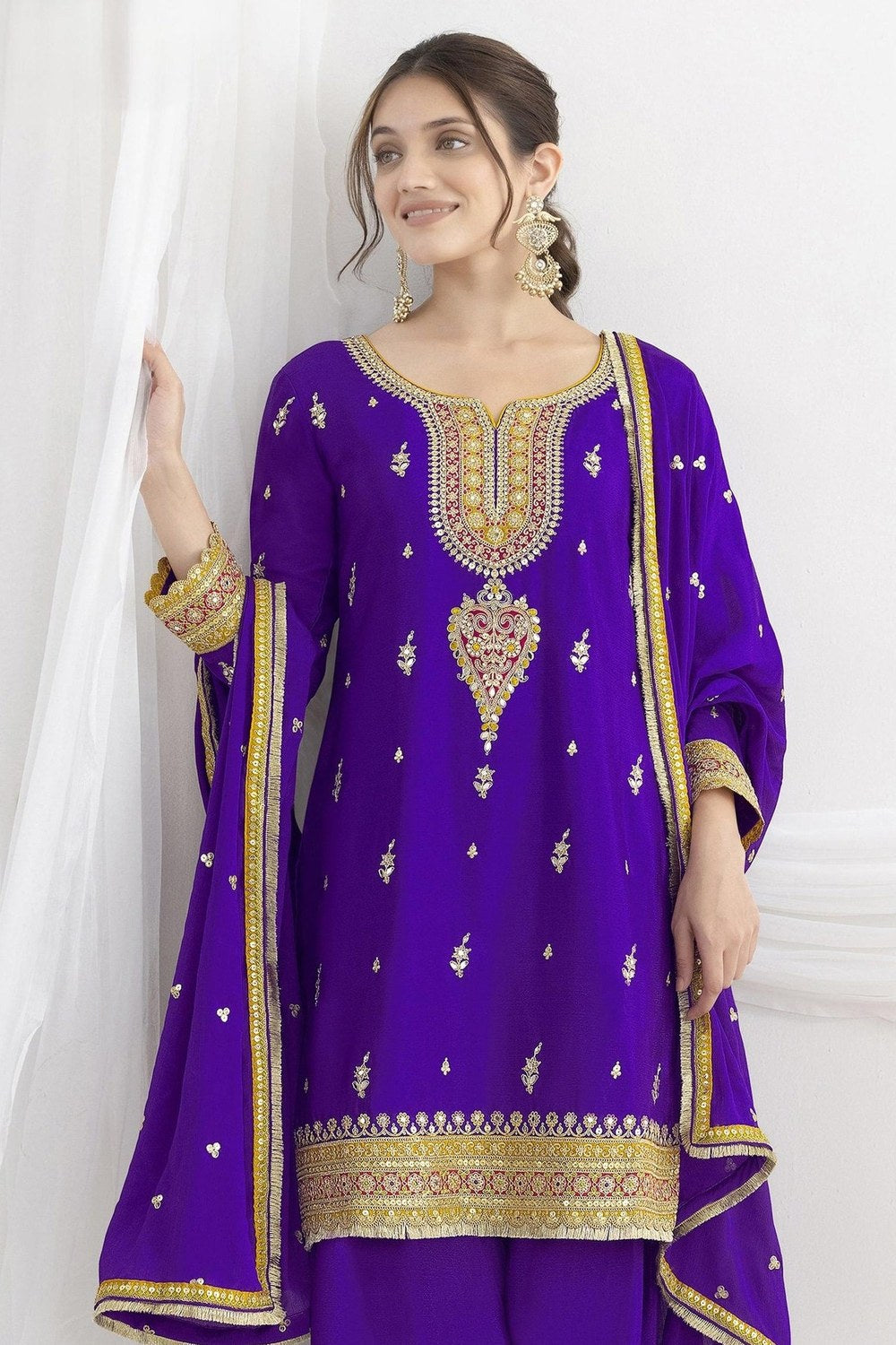 Purple  Chinon Silk Farshi Salwar Kameez For Indian & Pakistani Wedding Festival - Real Mirror Work, Sequence Embroidery Work, Dori Work - close-up view