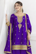 Purple  Chinon Silk Farshi Salwar Kameez For Indian & Pakistani Wedding Festival - Real Mirror Work, Sequence Embroidery Work, Dori Work - close-up view