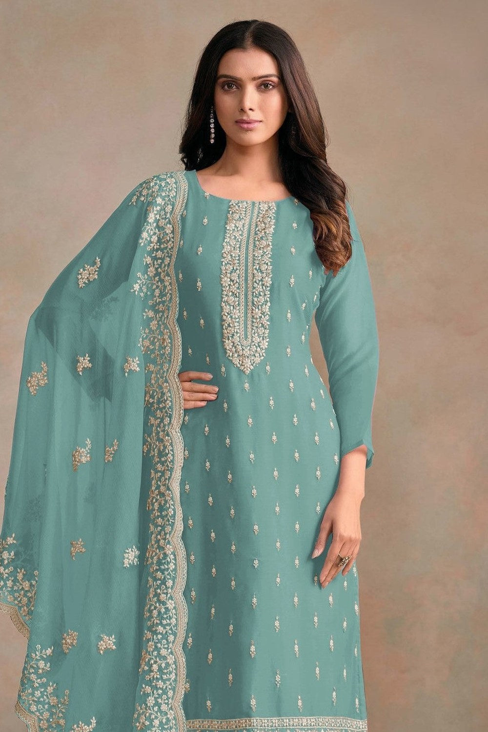 Teal Organza Silk Kameez With Pant For Indian & Pakistani Wedding Festival - Embroidery Work - close-up view