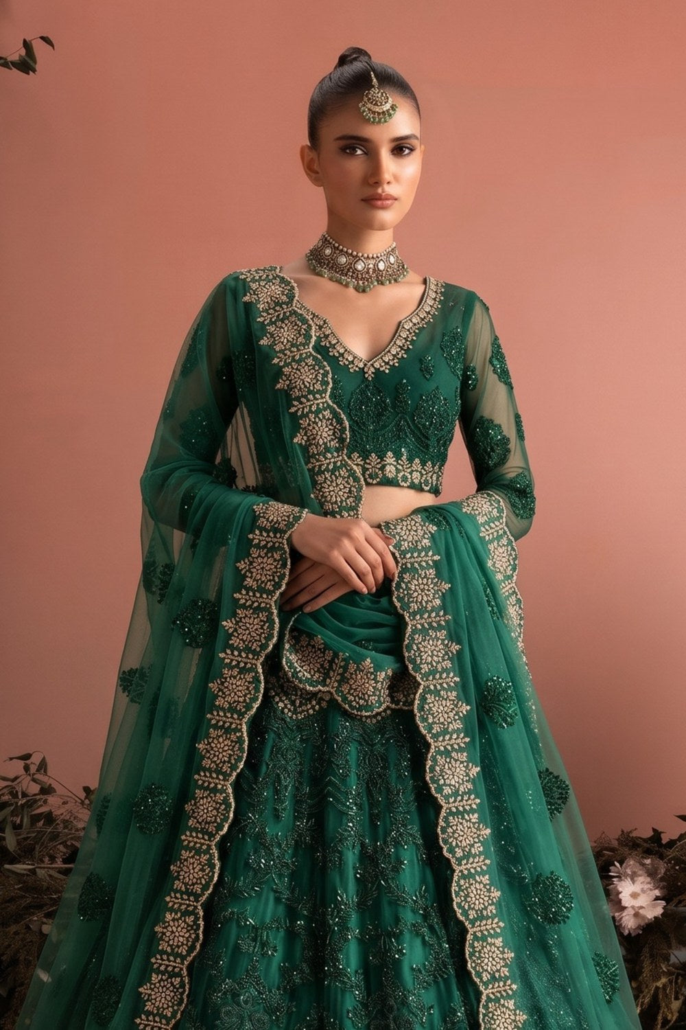 Green Long Sleeves Lehenga Choli for Wedding Guest in Net - Thread & Sequins - close-up view