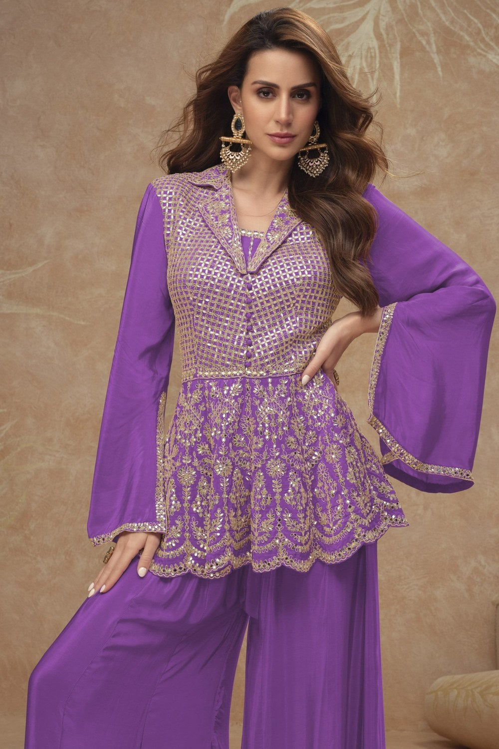 Purple Chinon Silk Plazo Suit For Indian Weddings & Pakitani Festivals - Embroidery Work - close-up view