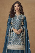 Teal Chinon Silk Kameez With Plazzo Suit For Indian & Pakistani Wedding Festival - Thread & Sequence Embroidery - close-up view