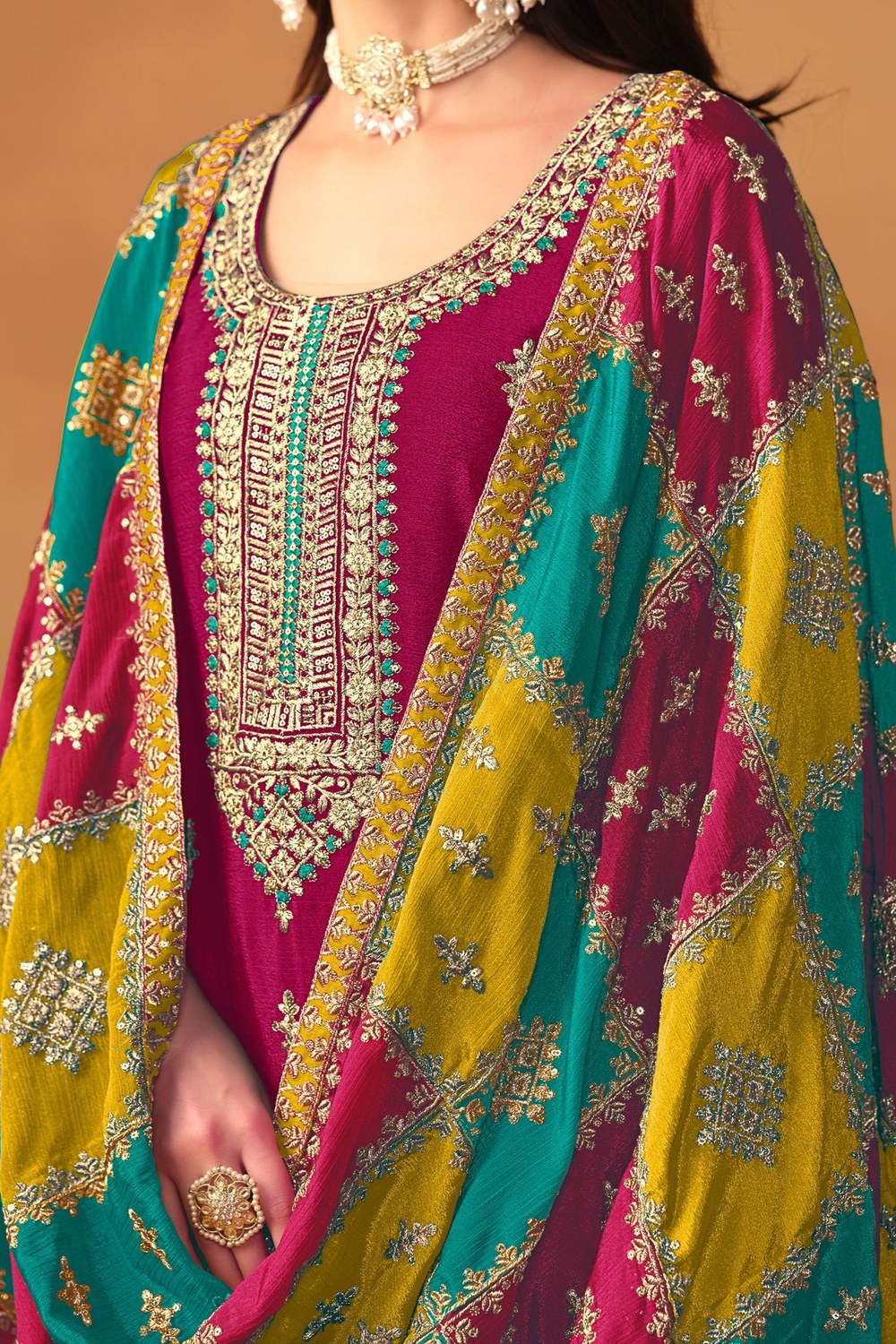 Dark Pink Chinon Silk Kameez Pant Suit For Indian Festivals & Weddings - Thread Embroidery Work, Sequence Embroidery Work - hem and footwear detail
