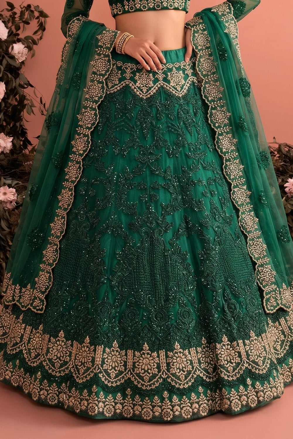 Green Long Sleeves Lehenga Choli for Wedding Guest in Net - Thread & Sequins - hem and footwear detail