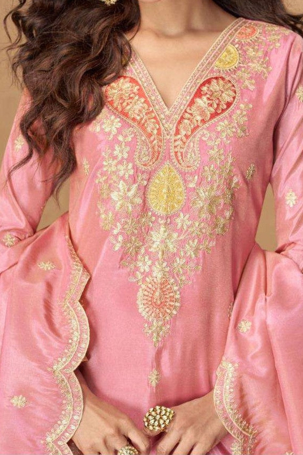Pink Indian Palazzo Suits Online in Simmer Silk with Thread & Sequins - hem and footwear detail