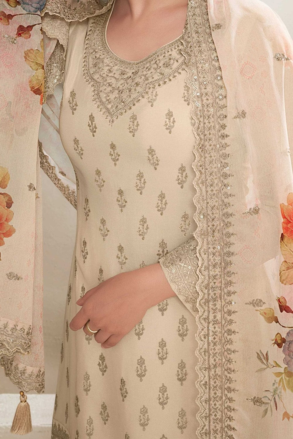 Cream Chinon Silk Palazzo Suit For Indian Festivals & Pakistani Plazo Weddings Dress - Embroidery Work, Print Work - hem and footwear detail
