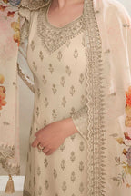 Cream Chinon Silk Palazzo Suit For Indian Festivals & Pakistani Plazo Weddings Dress - Embroidery Work, Print Work - hem and footwear detail