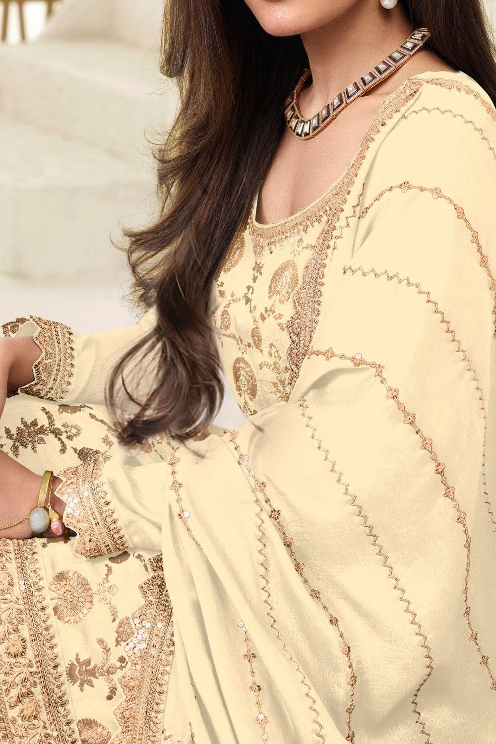Cream Chinon Jacquard Silk Palazzo Suit For Indian Festivals & Pakistani Plazo Weddings Dress - Embroidery Work RTS - hem and footwear detail